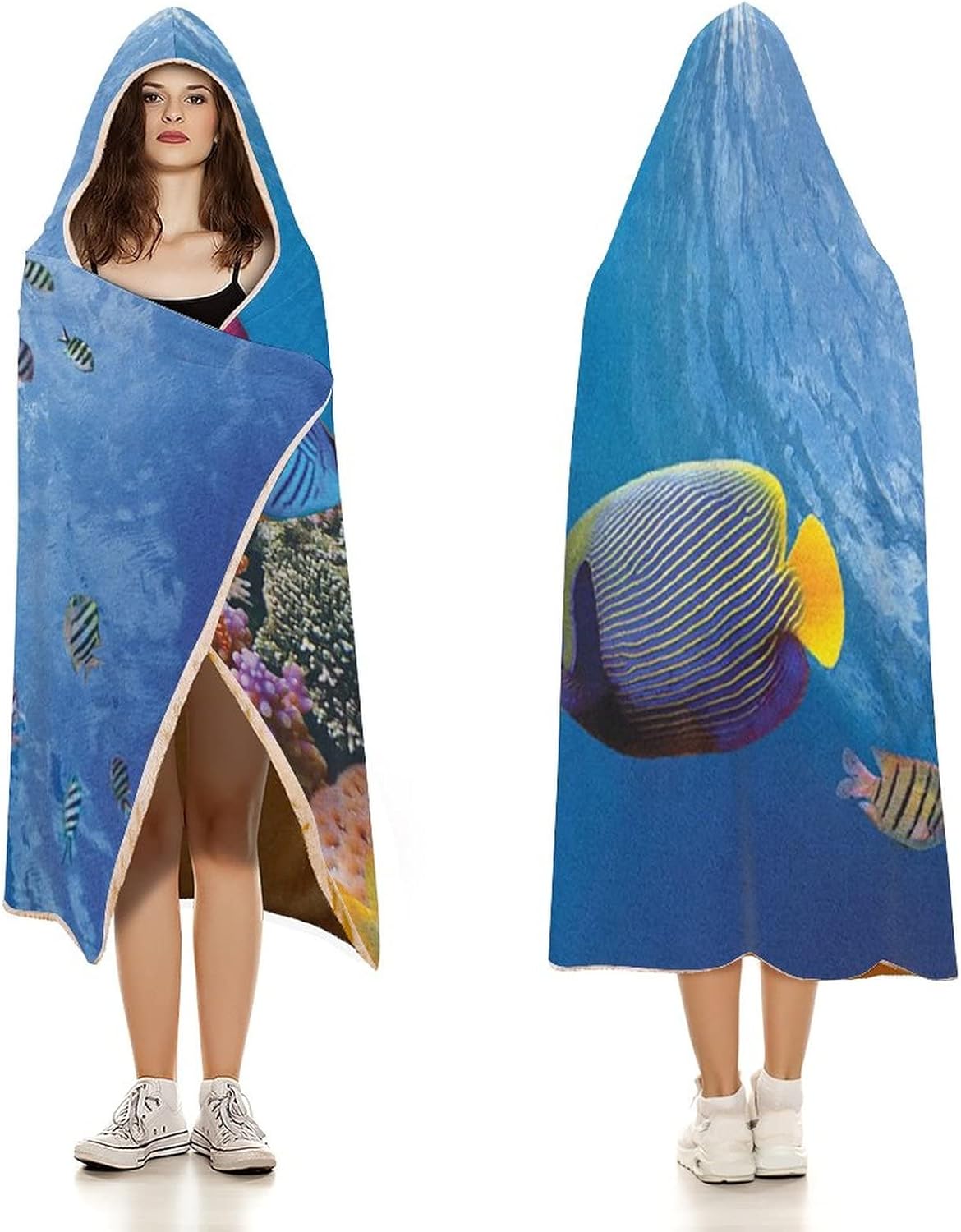 Throw Blankets, Under The Sea Women Men Hooded Blanket, Tropical Emperor Long Living Angelfish in Underwater, Soft Warm Cozy, 50 x 60inches, Studying Reading Snuggling Napping Office, Blue