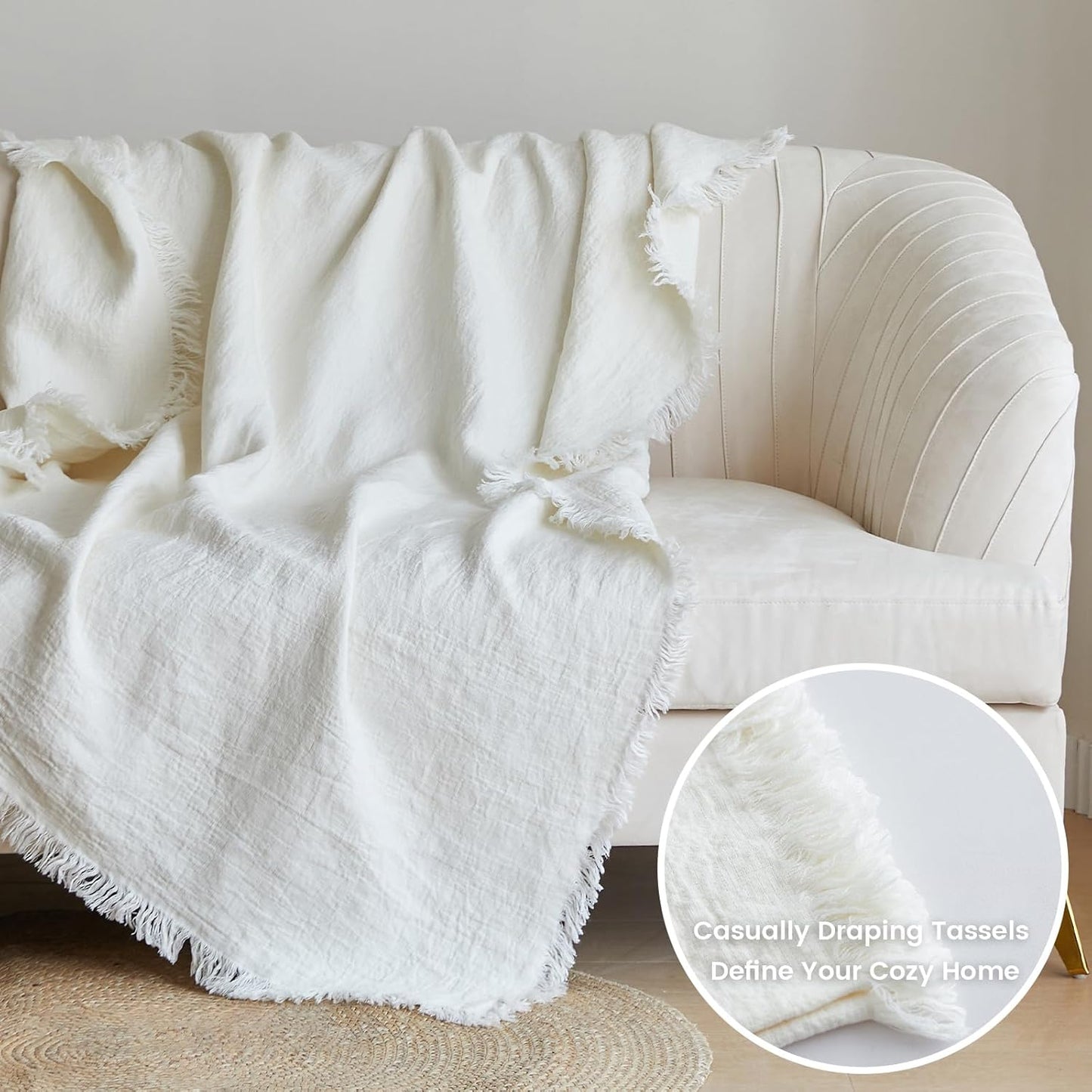Simple&Opulence 100% Linen Throw Blanket 55x75 inches, Farmhouse Boho Tassel Blanket for Couch, Bed, Sofa, Breathable Natural Cozy Décor, White