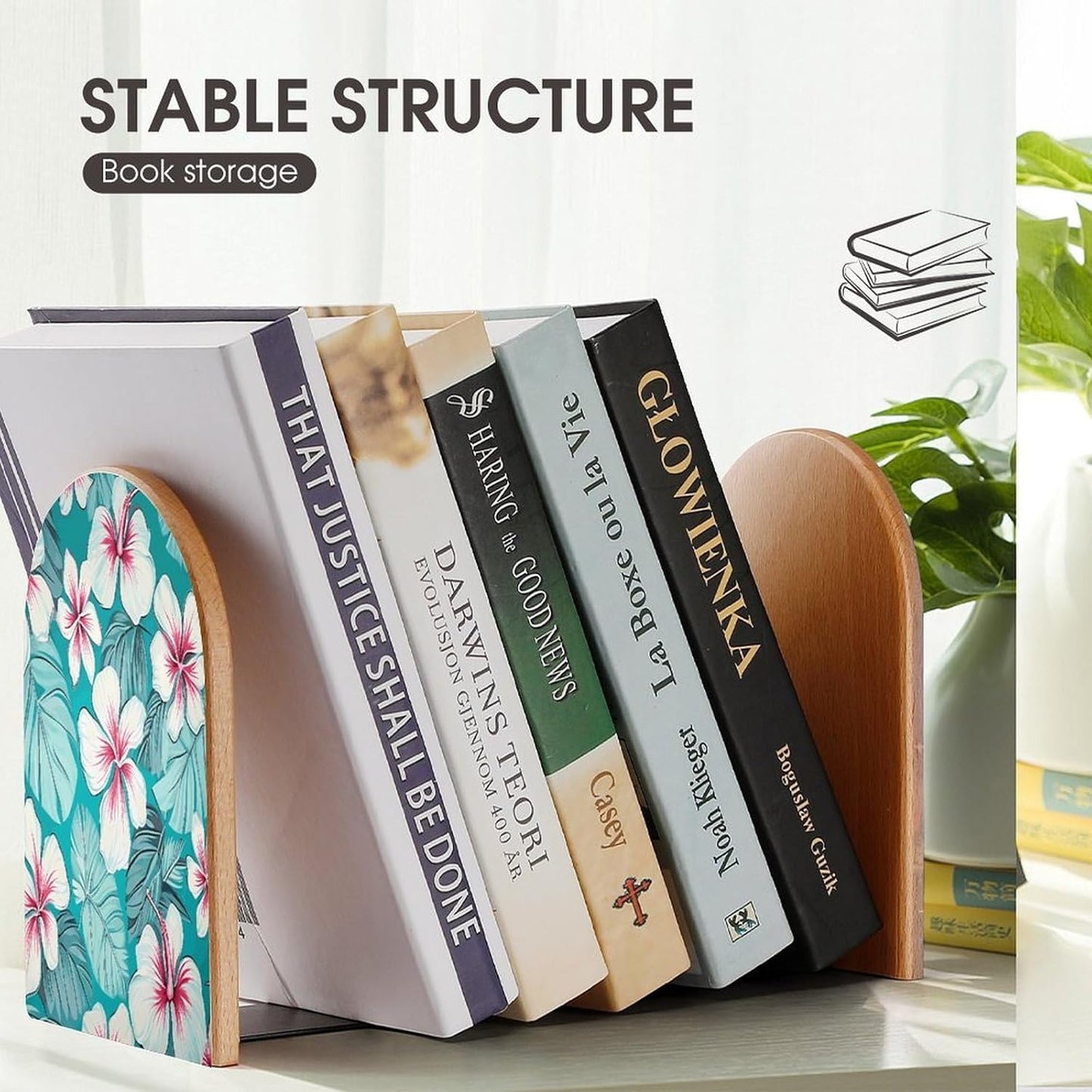 Tropical Hibiscus Flowers Bookend for Shelves Wooden Book End Large Size Sturdy Book Holders Stoppers with Metal Base for Bookshelves Slick Decorative Bookends Stands