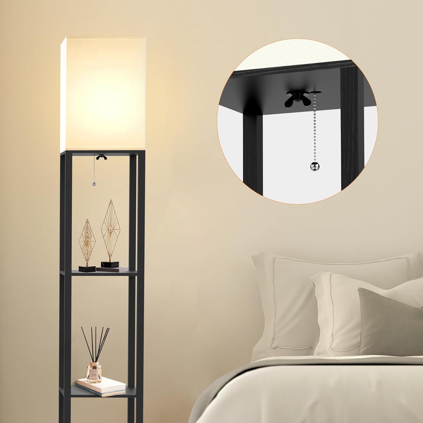 Floor Lamp with Solid Wood Shelves for Living Room, 3-Tier Shelf Standing Lamp with LED Bulb and Pull Chain Switch, Corner Display Bookshelf Lamp for Living Room and Bedroom(Black)