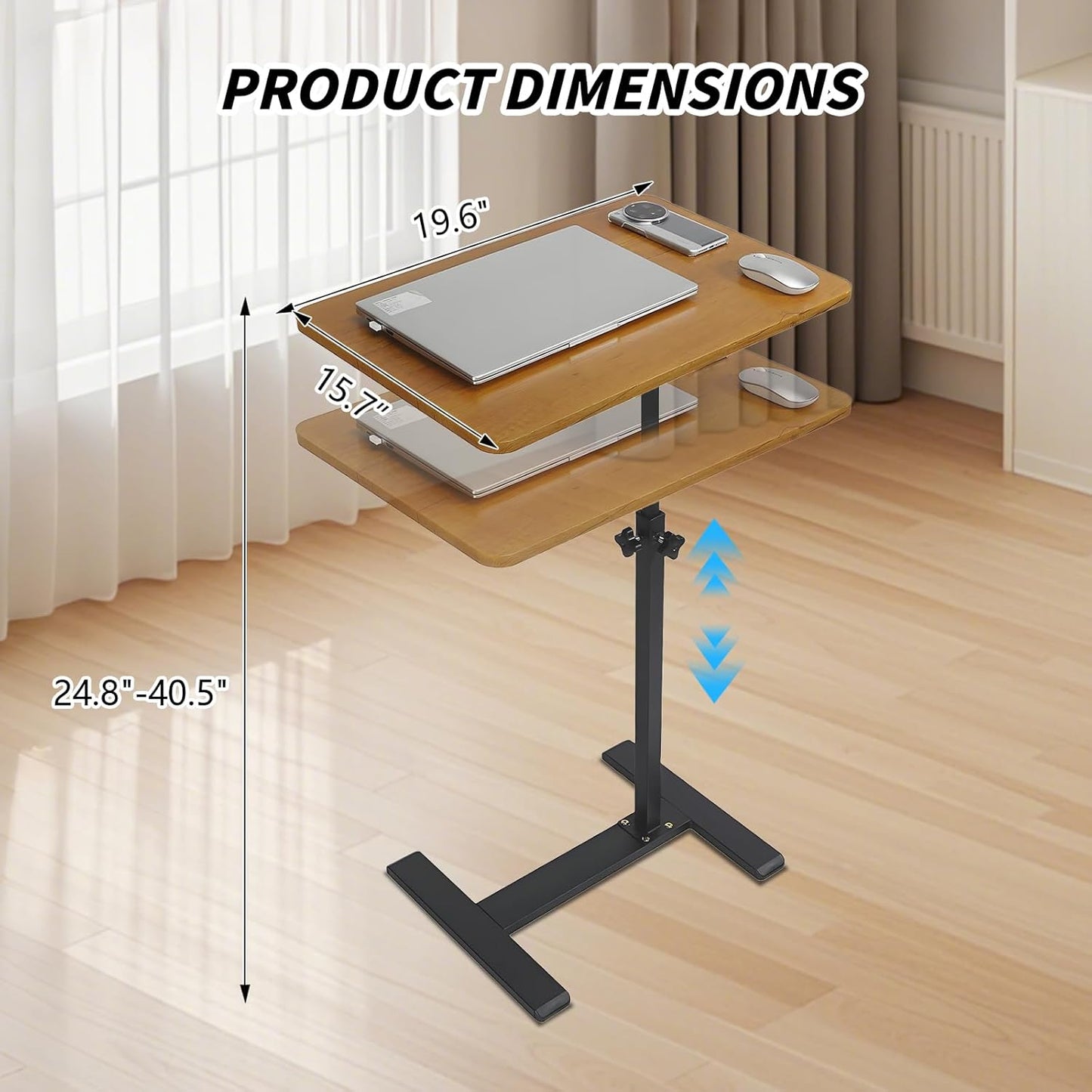 Simcat Adjustable Height Side Table TV Tray, 360°Swivel End Table, C Shaped Side Tables with Wheels for Living Room, Bedroom, Corners and Office (40 * 60cm, Wood Color)