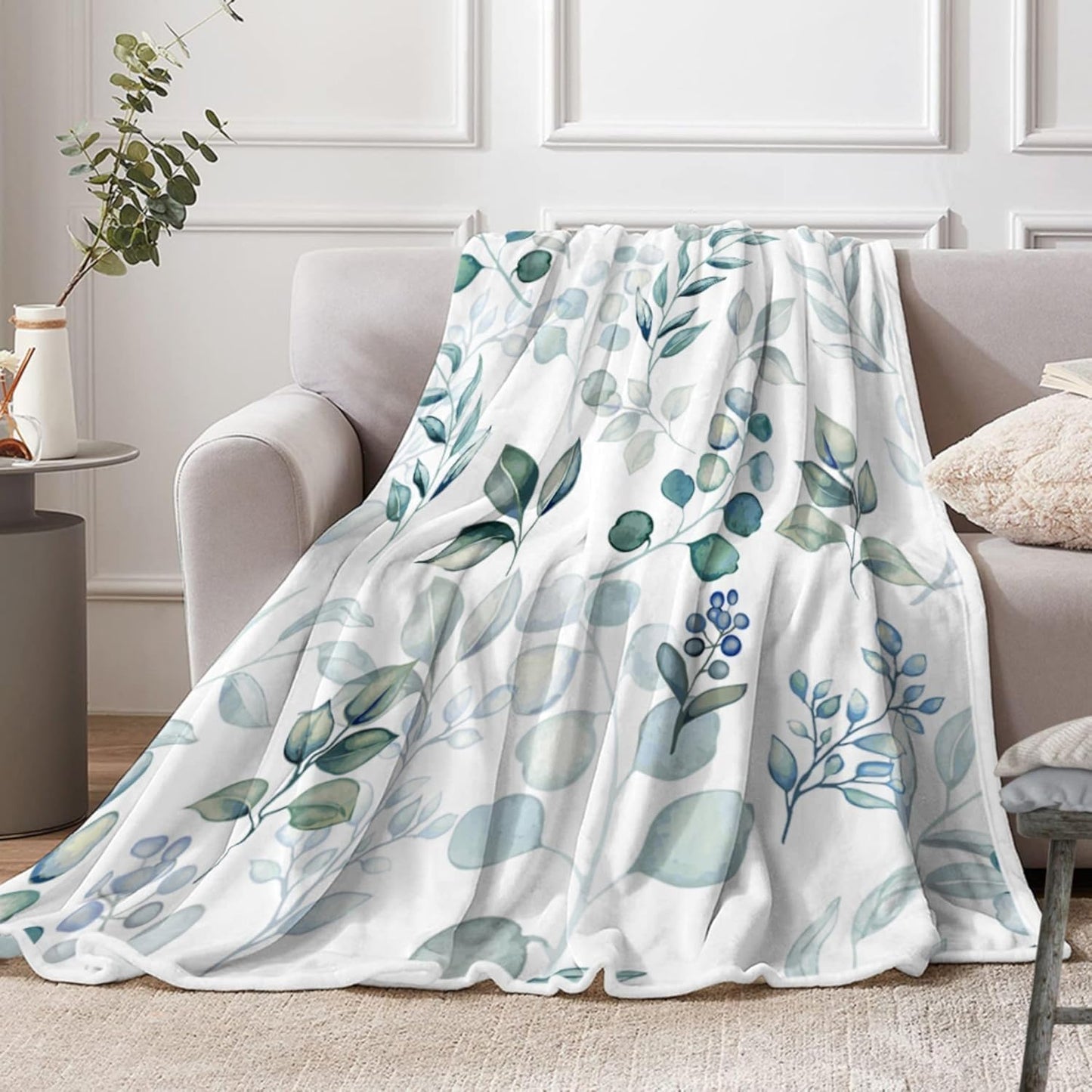 Sage Green Throw Blanket, Spring Throw Blanket for Couch Bed, Eucalyptus Leaves Floral Fleece Blanket, Camping Throw Blanket, Lightweight Soft Warm Cozy Blanket Plush Travel Throws Blankets,50"x60"