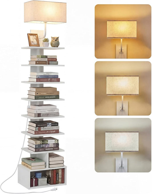 HOOBRO Narrow Bookshelf, 9-Tier Lamp Bookshelf with Light, Spine Book Shelf for Small Apartment, Tall Floor Standing Book Organizer, for Living Room, Office, Bedroom, White WW09DSJ01