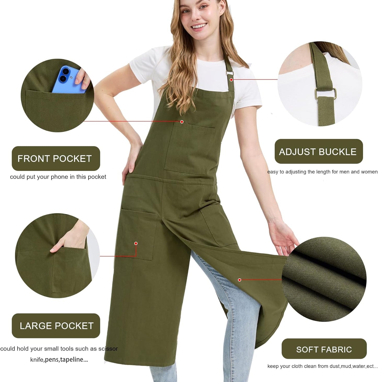 Molaxhome Split Apron with 3 Pockets,Unisex Pottery Apron with Adjustable Strap for Kitchen Ceramics