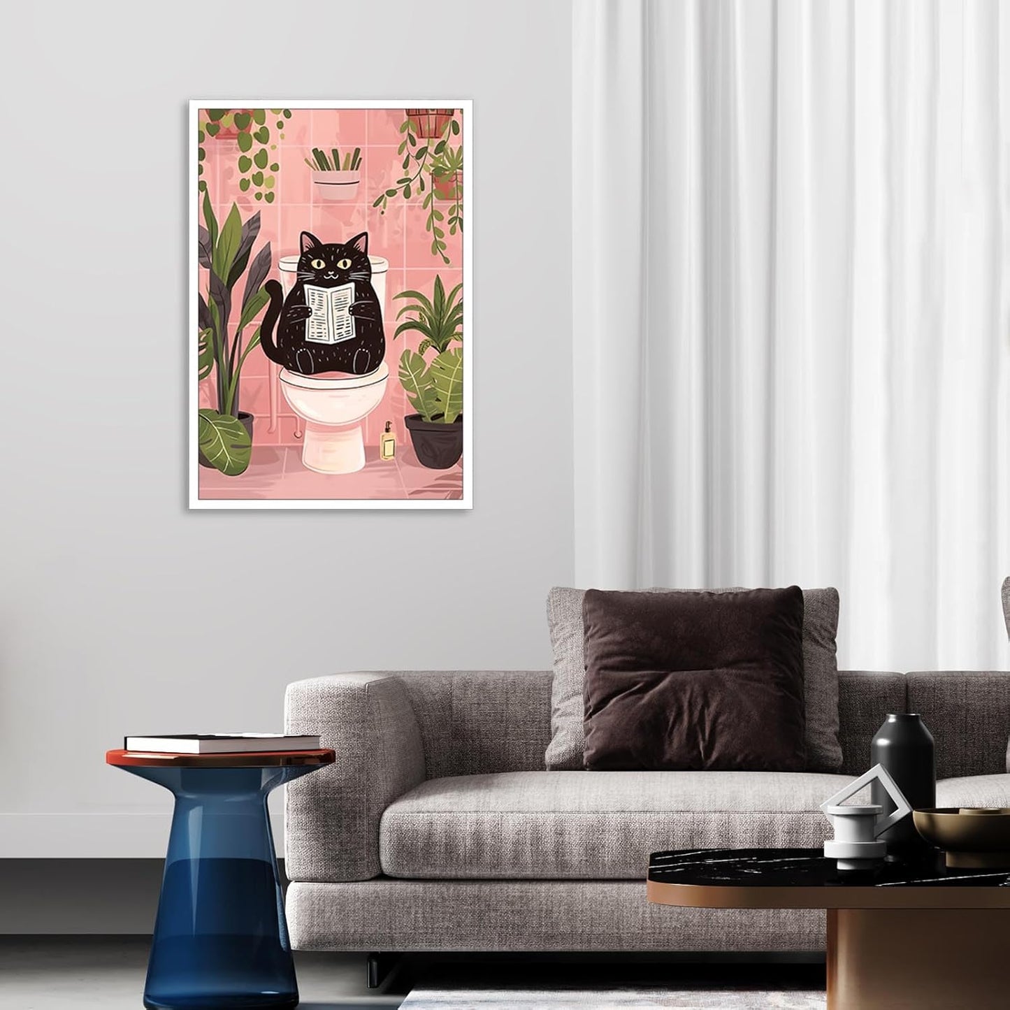 DVBOCS Funny Bathroom Black Cat Posters Cute Pets Cat Reading Newspaper On The Toilet Wall Art Print Vintage Cute Humorous Animal Plants Poster For Bathroom Toilet Decor 12x16in Unframed