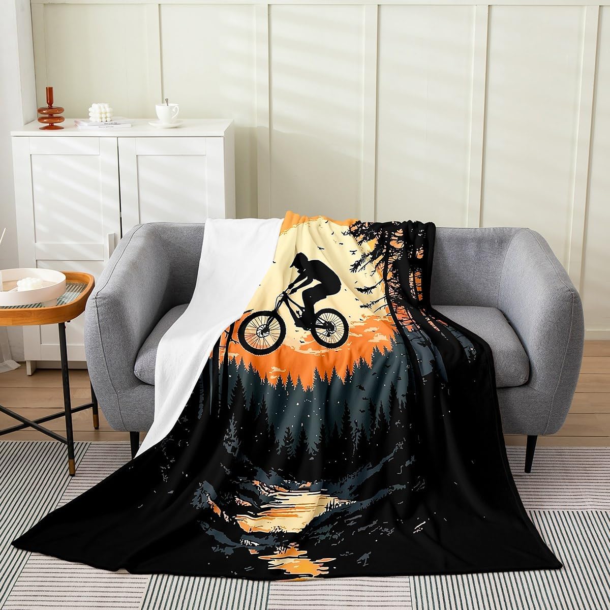 Castle Fairy Bicycle Rider Throw Blanket Boys Girls,Boys Mountain Bike Fuzzy Blanket All Seasons Bedding Set,Cool Style Sports Theme Plush Blanket Warm,Twin (60 x 80 Inches)