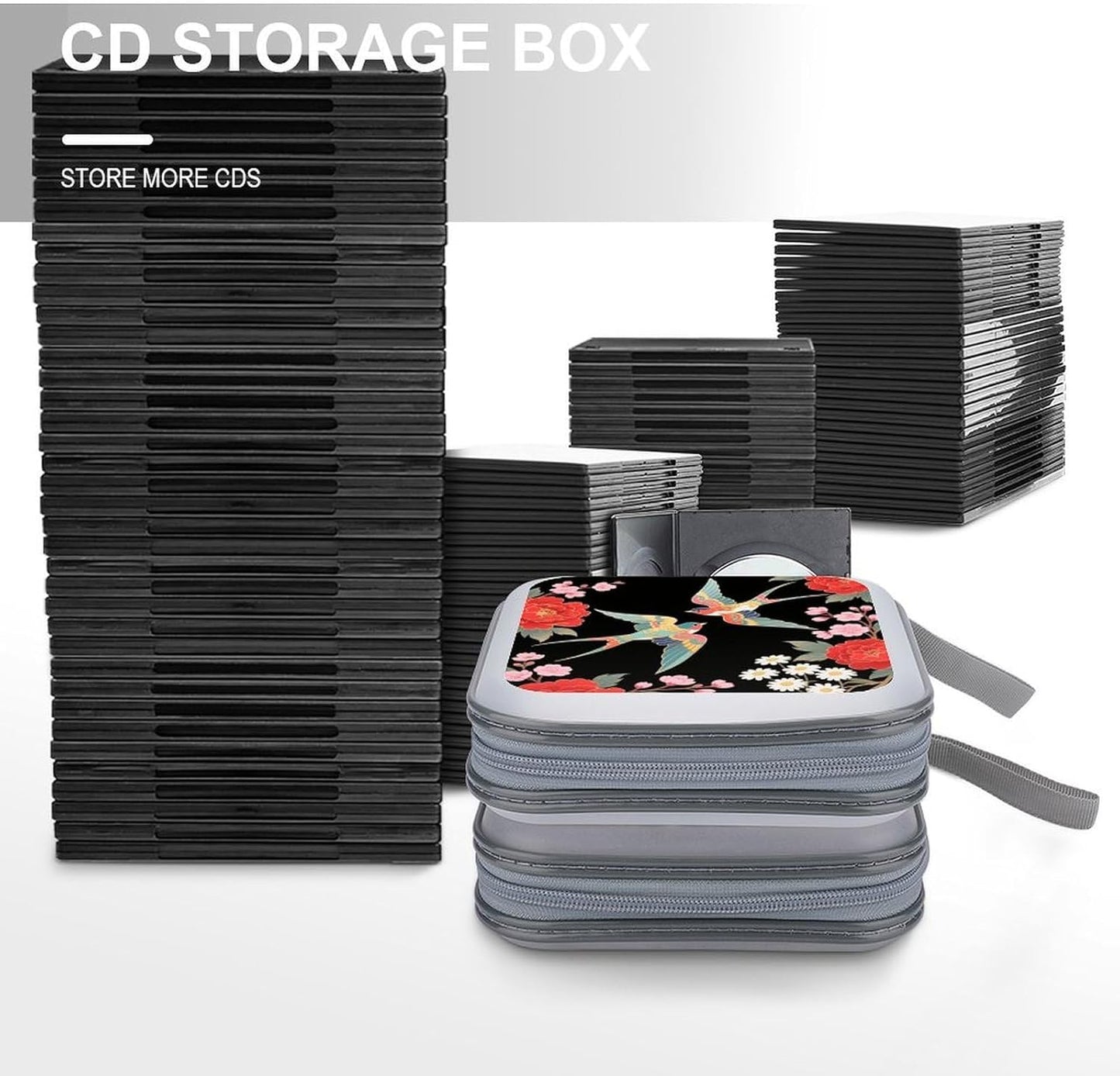Two Colorful Flying Birds CD Case Portable Zipper CD Case 40 Capacity Hard Plastic DVD Cases Holder Large Storage Disc Wallet Bag for Car Home Travel DVD Collection Bag