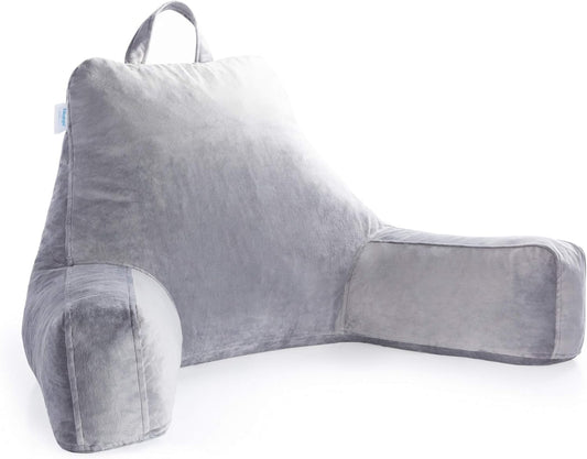 Linenspa Reading Pillow with Shredded Memory Foam- X-Large Size - Back Pillow for Sitting in Bed, Reading, Gaming, Watching TV – Bed Chair with Arms, Dorm Room Essentials, Stone