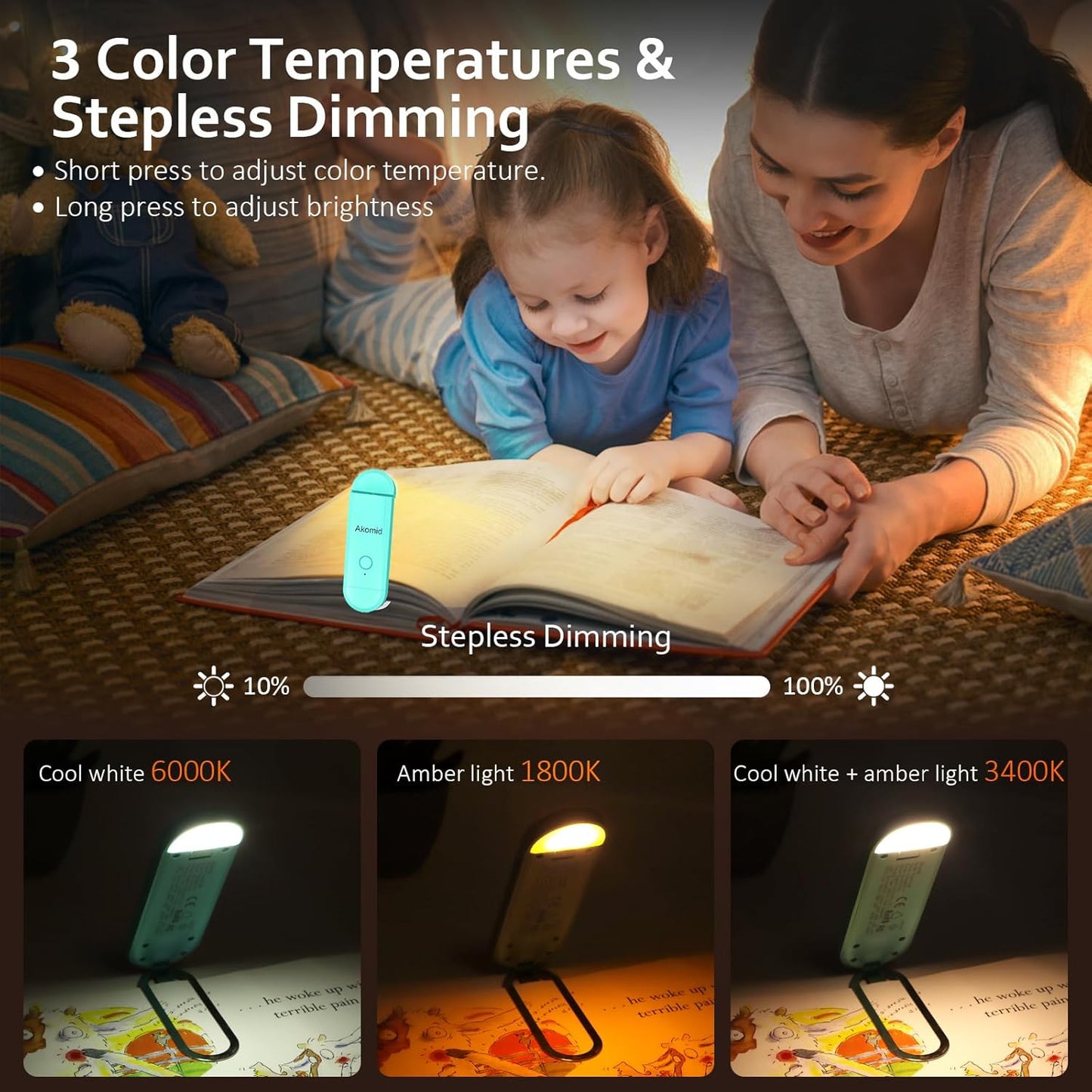 USB Rechargeable Book Light for Reading in Bed, 8 LEDs Bookmark Style Clip on, Eye-Cared Amber Light Mode for Kids, Blue Light Blocking, Stepless Dimming, Lake Blue