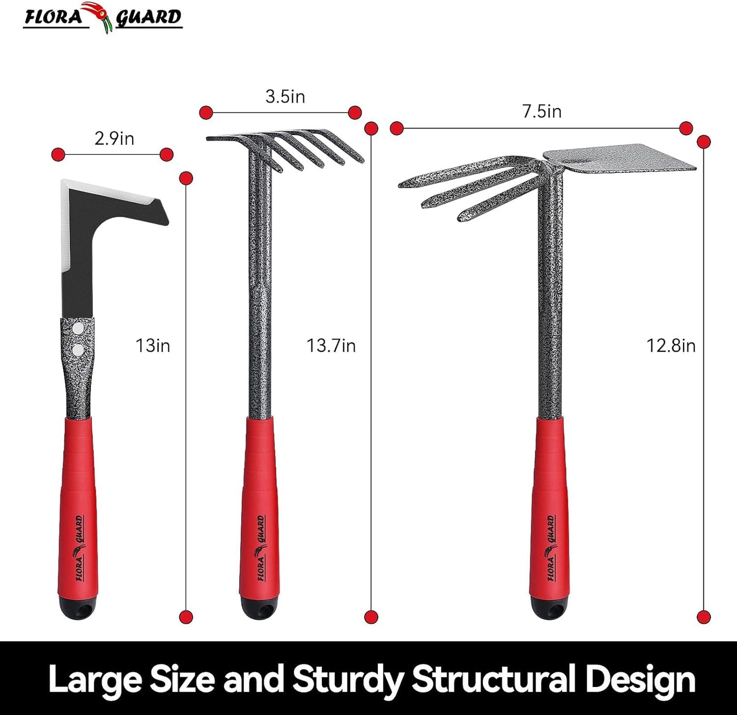 FLORA GUARD 6-Piece Garden Tool Set, Heavy Duty Gardening Hand Tools,Includes Trowel, Rake, 2-in-1 Hoe & Crack Weeder, Durable Yard Gardening Tools, Ideal Gardening Gift for Men & Women