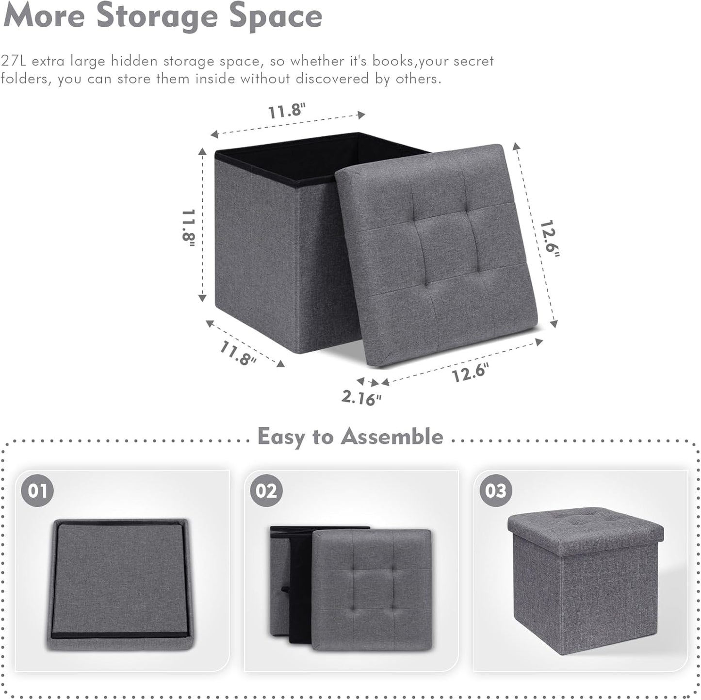 B FSOBEIIALEO Storage Ottoman Cube Foldable Footrest, Chest & Seat for Living Room, Nursery, Bedroom 12.6 Inch Cube (Linen Grey)