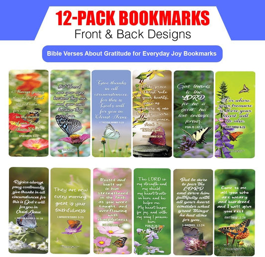 NewEights Bible Verses About Gratitude for Everyday Joy Bookmarks (12-Pack) - Daily Motivational Card Set – Collection Set Book Page Clippers – Ideal for Church Ministry Gifts for Boys and Girls