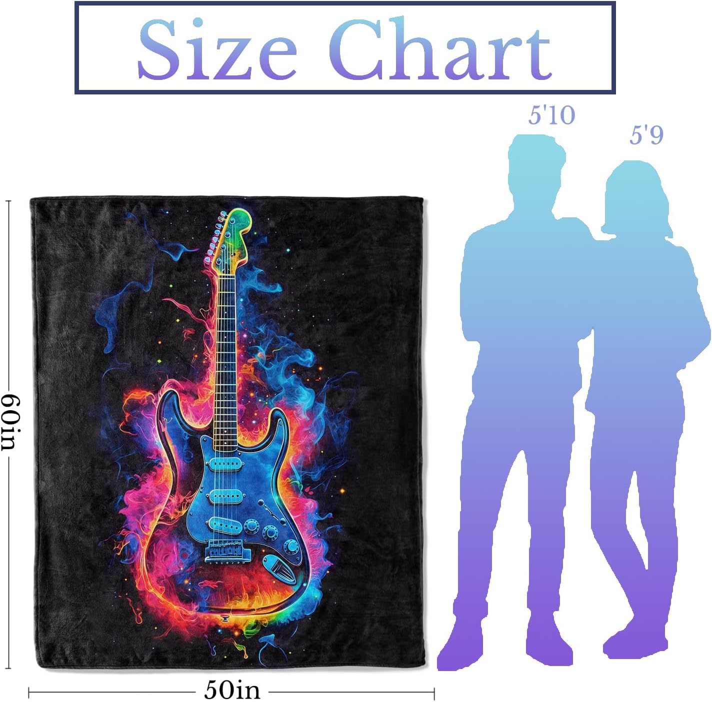 Neon Electric Guitar Flannel Throw Blanket 50x60 Inch, Colorful Fire and Musical Instrument Design Blankets Soft Cozy Fleece Throws for Music Lover Bed Sofa Dorm Living Room Decor Gifts
