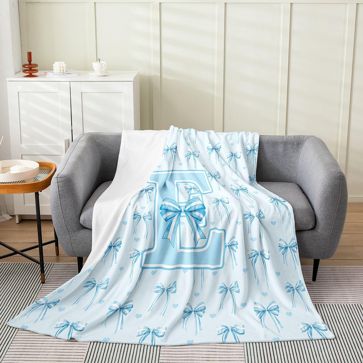 Feelyou Cute Blue Bow Fleece Throw Blanket Personalized Initial E Flannel Blanket Plush Fuzzy Monogrammed Kawaii Coquette Bow Knot Throw 50"x60" Dreamy Princess Style Bedroom Decor