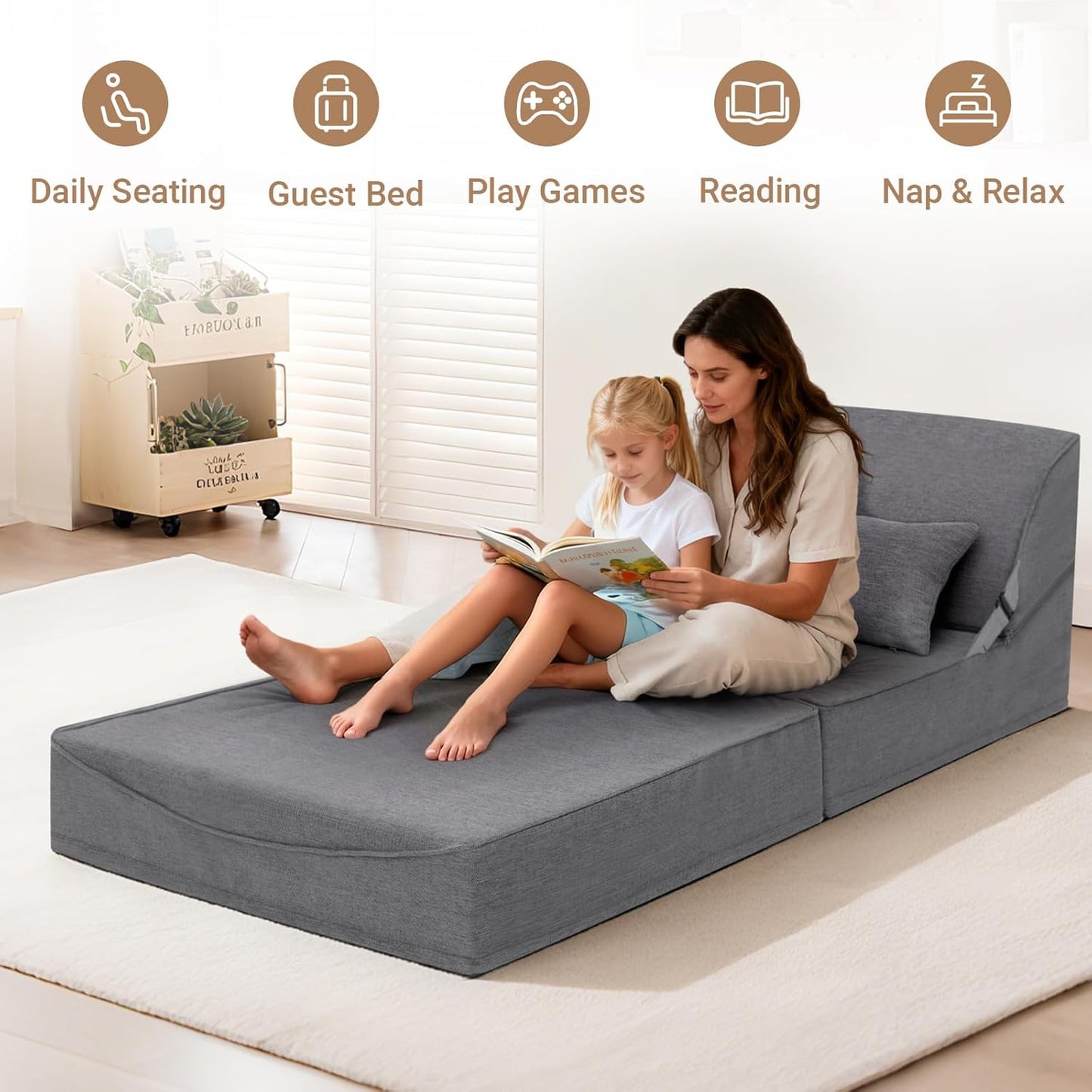 BeBen Folding Sofa Bed Chair, Convertible Sleeper Chair Futon Couch, Foldable Boneless Floor Lounger Sofa, Single Foam Chair Bed for Small Spaces, Dorm, Guest Room, Living Room, Apartment, Grey