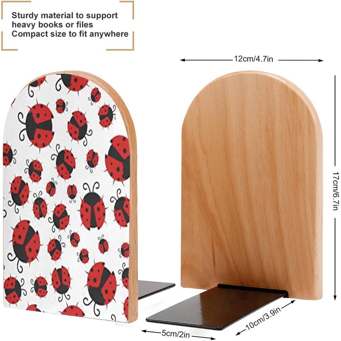 Funny Ladybug Wooden Bookend Non-Slip Book Ends Heavy Duty Book Stopper with Metal Base Books Holderd Decorative Bookends Stands Firmly for Office Supplies