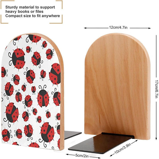 Funny Ladybug Wooden Bookend Non-Slip Book Ends Heavy Duty Book Stopper with Metal Base Books Holderd Decorative Bookends Stands Firmly for Office Supplies