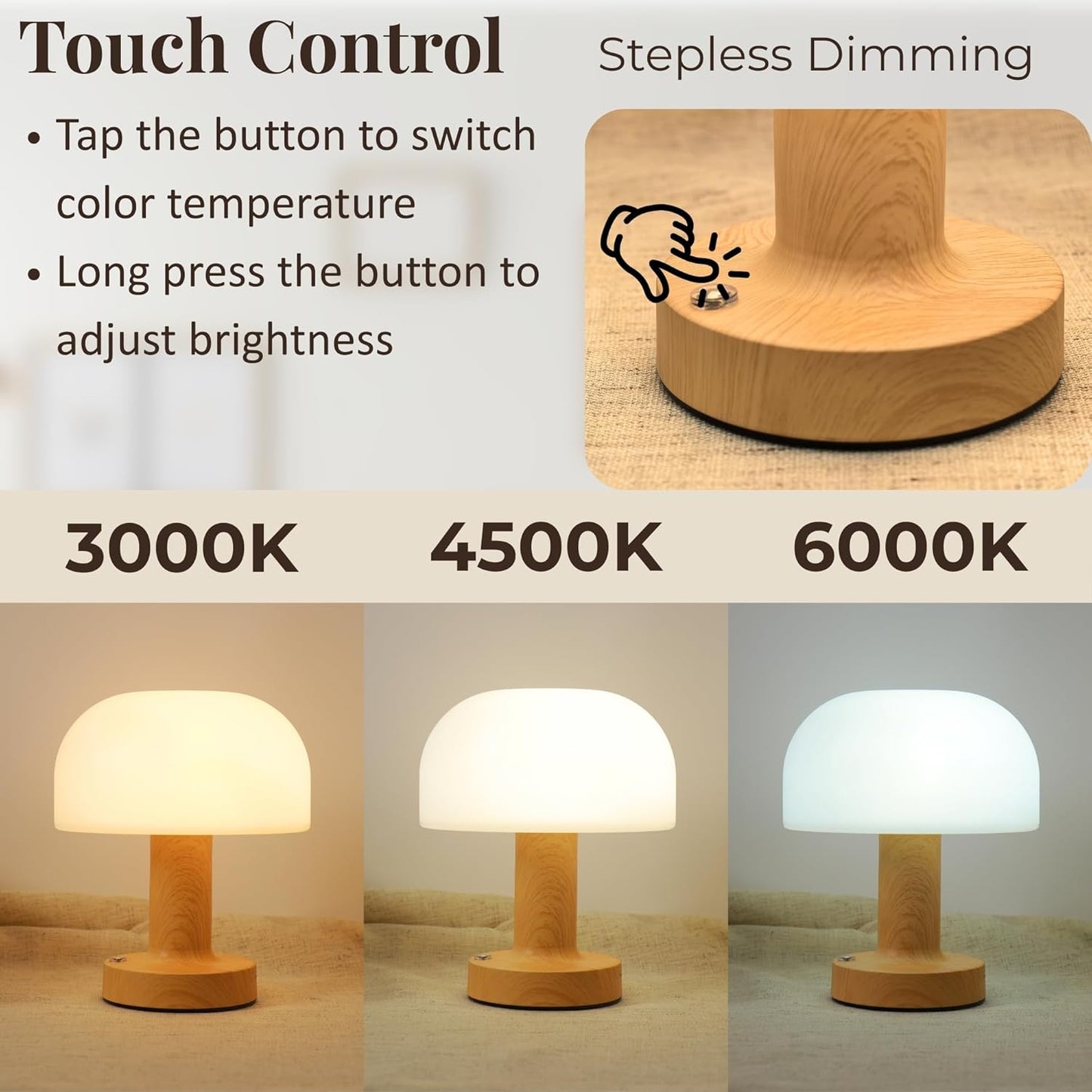 Small Mushroom Table Lamp, Cordless Night Light with 2600mAh Rechargeable Battery, Stepless Dimming Desk Lamp with 3 Colors for Bedroom/Patio/Living Room (White-1)