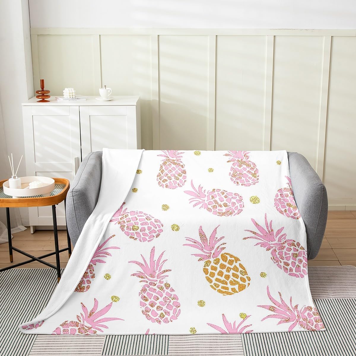 Erosebridal Pink Pineapple Throw Blanket Twin 60x80 Inch for Bedroom,Cartoon Yummy Fruit Fleece Blanket for Sofa,Girls Neon Fruit Bed Blanket,Delicious Pineapple Flannel Blanket Luxury Soft