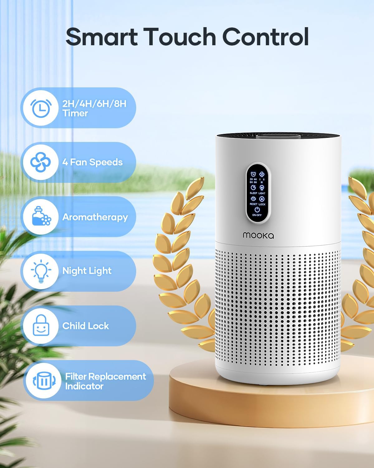 Air Purifiers for Home Large Room up to 1500 ft², MOOKA HEPA Air Purifier for Home Pets Hair in Bedroom with Aromatherapy, Air Filter Cleaner for Dorm, Pets, Office, 20dB, Night Light, B-D03, White