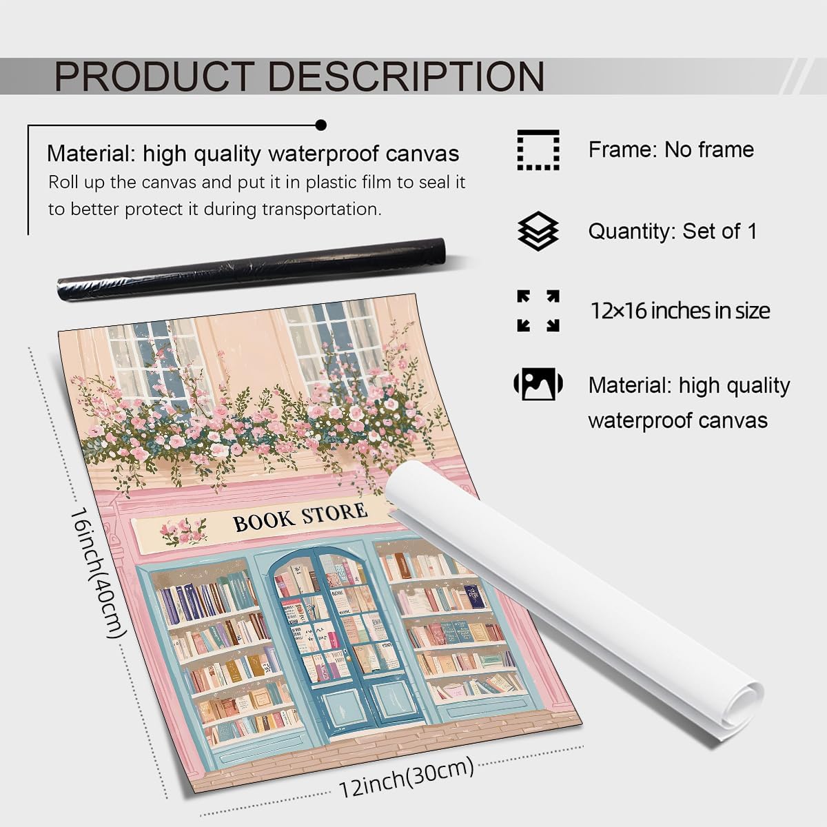 Pink Floral Book Store Canvas Poster Bookish Reading Aesthetic Wall Art Trendy Preppy Painting Prints for Study Room Library Wall Decor 12x16 inch Unframed