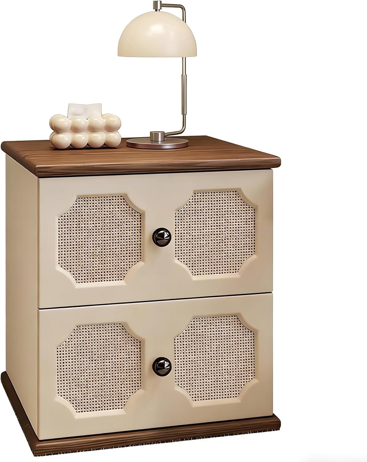 Rattan Night Stand, Solid Wood NightStand Mid-Century Vintage Bedside Table Leather Finish, Faux Wood Grain Countertop for Office/Living Room(Off-White,15.7x15x19.7in)