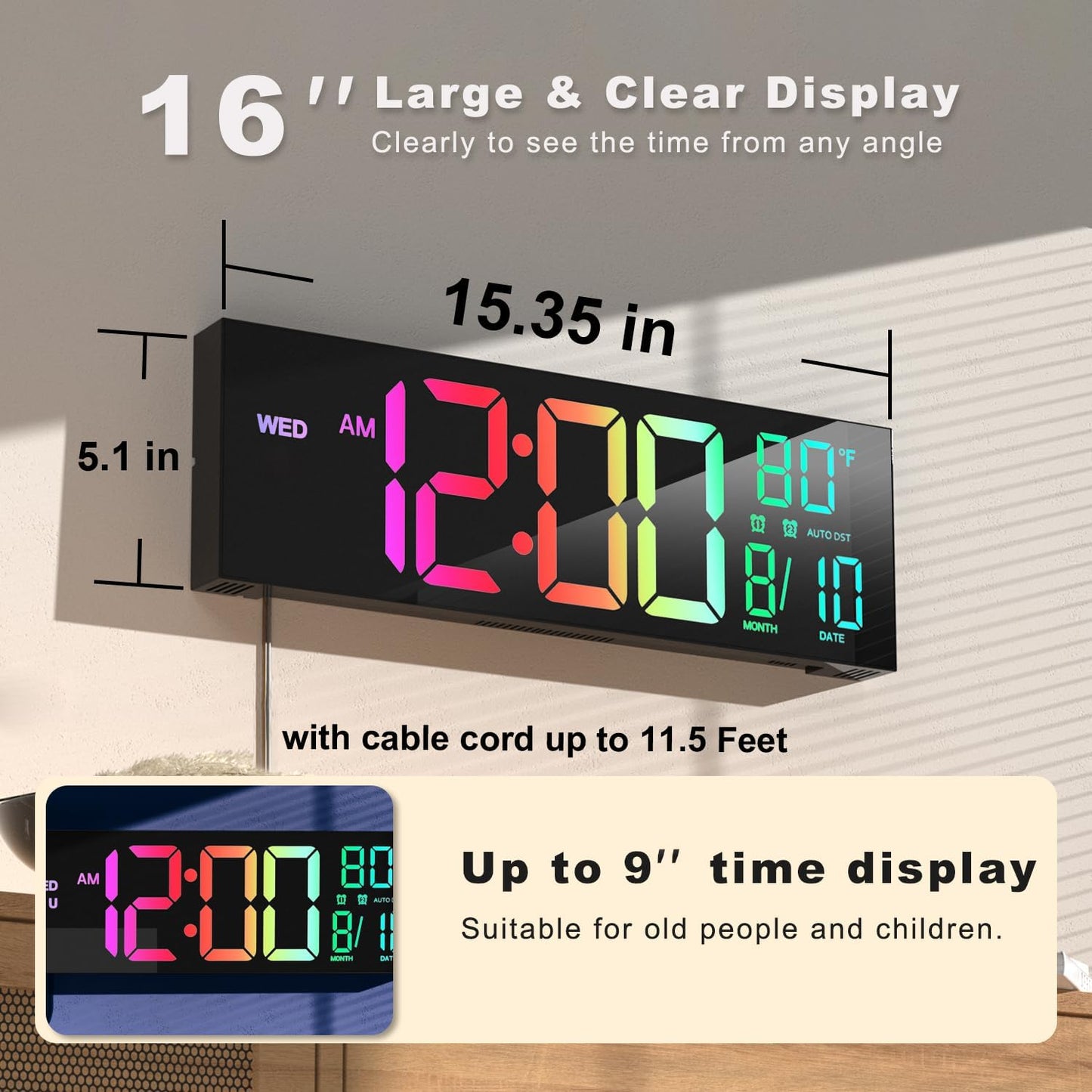 JALL 16.02'' Large Digital Wall Clock, Big LED Number Dispaly, RGB Colors, DST, Night Light for Classroom Living Room Bedroom Mounted Birthday Xmas Gift for Senior, Mem Womem
