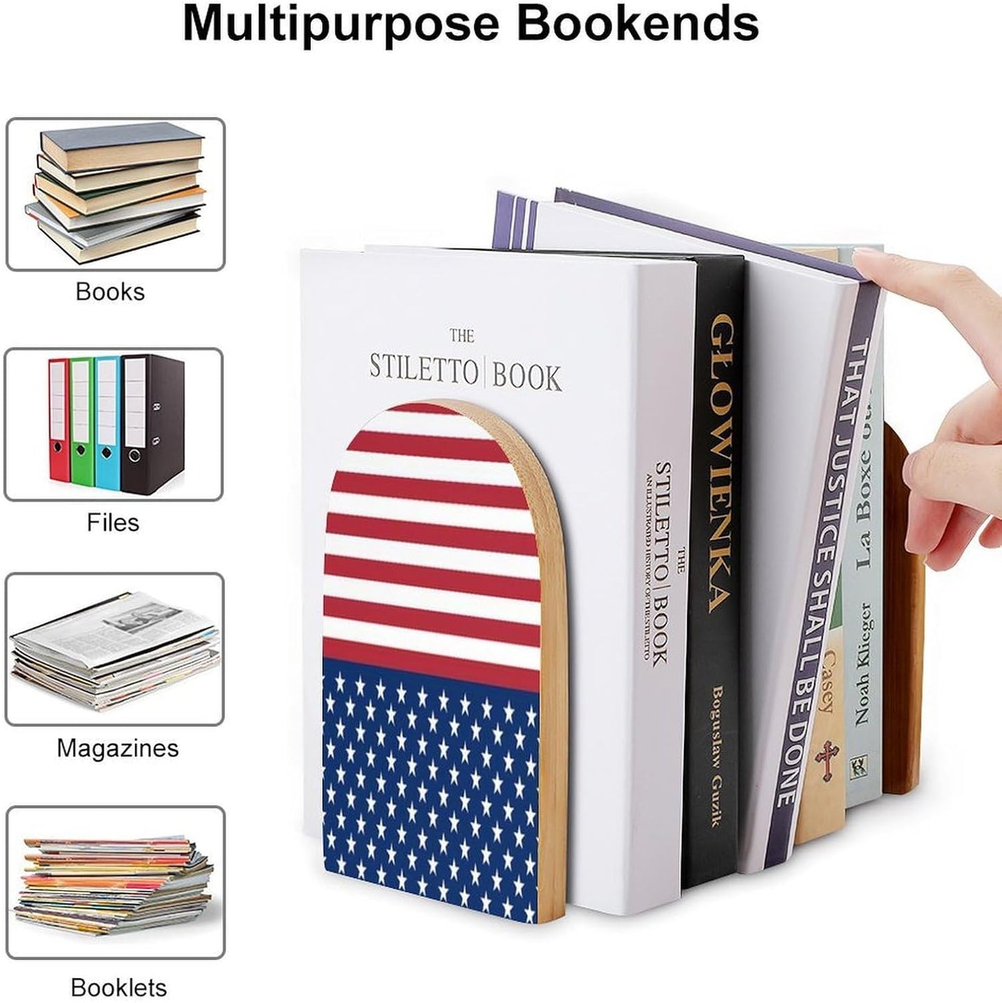 American Flag Stars Stripes Wooden Bookend Non-Slip Book Ends Heavy Duty Book Stopper with Metal Base Books Holderd Decorative Bookends Stands Firmly for Office Supplies