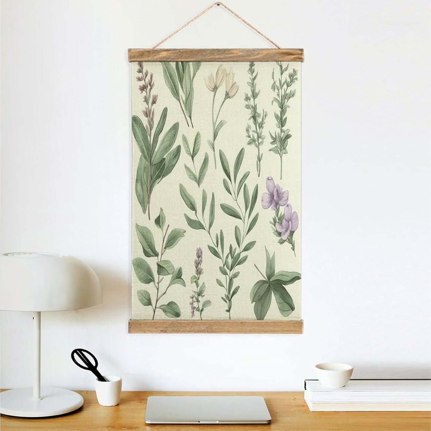 Vintage Green Flower Herb Sage Leaves And Branches Poster with Wooden Frame Personalized Linen Hanging Scroll Painting Rustic Wall Hanging Illustrative Modern Artwork Decor for Home Living Room Bedroo