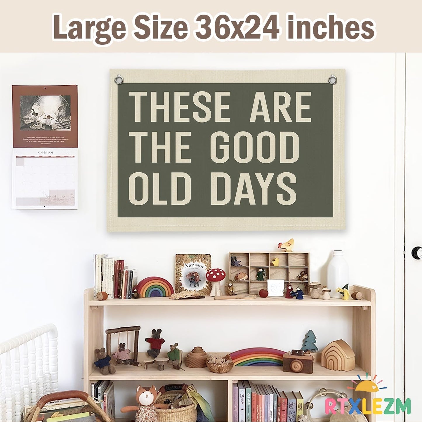 RTXLEZM These Are The Good Old Days Vintage Green Linen Wall Banners Print, Inspirational Quote Wall Art for Nursery Decor, Playroom Decor, Bedroom Dorm, Office, Retro Room Decor, Holiday Gift, 36x24
