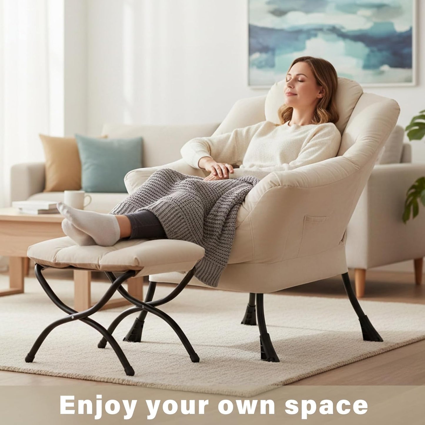 Lazy Chair and Ottoman, Large Velvet Beige Accent Chair with a Side Pocket, Modern Leisure Upholstered Reading Armchair with Footrest for Office, Bedroom, Living Room, Dorm Rooms, Balcony