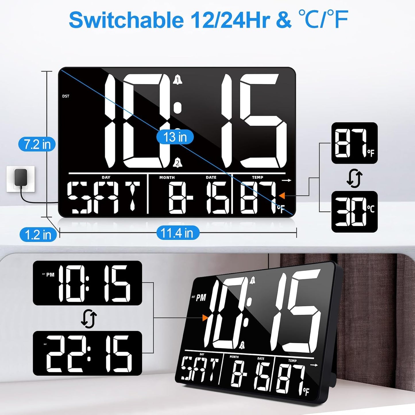 13" Bluetooth Auto Sync Wall Clock - Large Digital Alarm Clock with Remote, 25 Ringtones, Dual Alarm, Adjustable Brightness, 12/24H, Auto DST, for Living Room, Kitchen, Office, Elderly