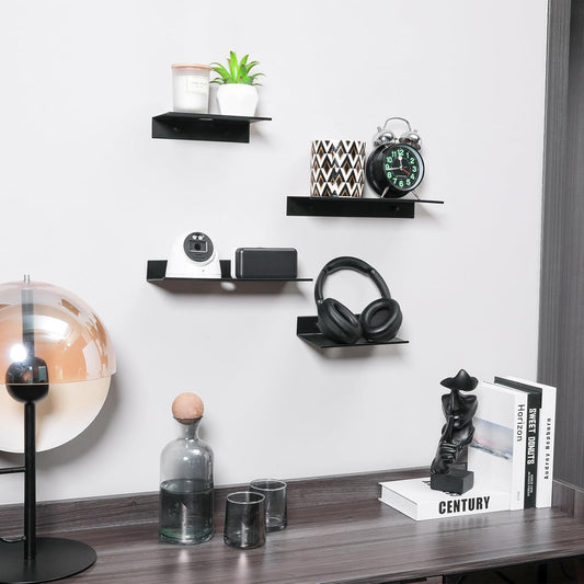 Small Metal Shelves for Wall, Self-Adhesive Floating Corner Shelves with Cable Clip, Wall Mounted, Renter Friendly Display Shelf for Smart Speaker Cameras Monitor Routers, Matt Black, Metal, 8 inch