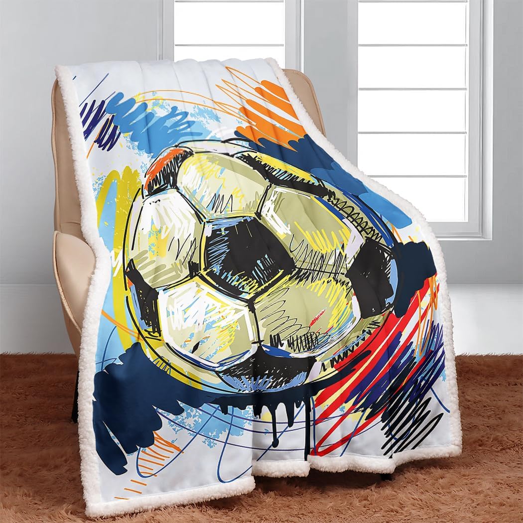 YISUEMEI Watercolor Soccer Sherpa Blanket, Soft and Plush Sports Theme Fleece Throw Blanket for Boys and Girls, 60x80 Inches