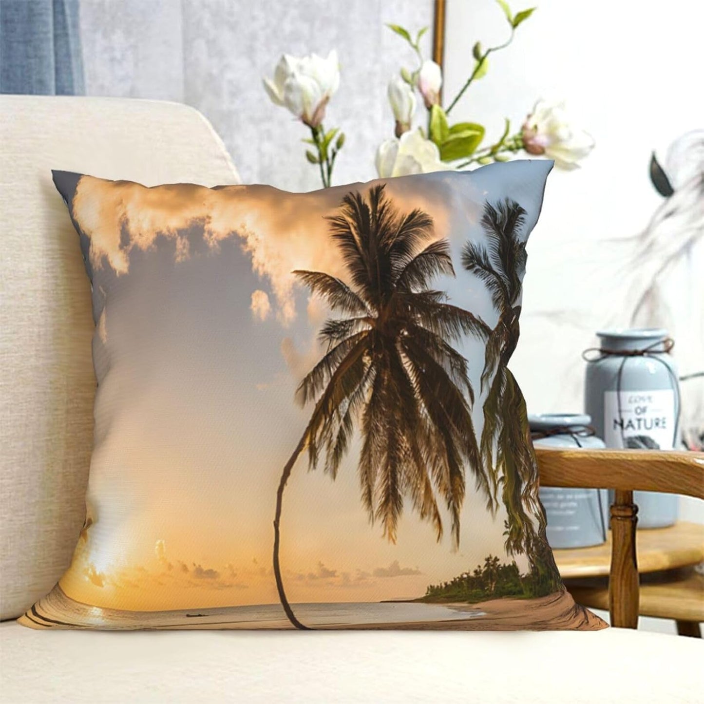 All-Season Square Pillow Covers 18"X18", Sunset Hawaiian Palm Tree, Decorative Throw Pillow Covers For Sofa Bed Couch, Hidden Zipper Cushion Cover, Square Lumbar & Accent Pillowcases For Home Decor