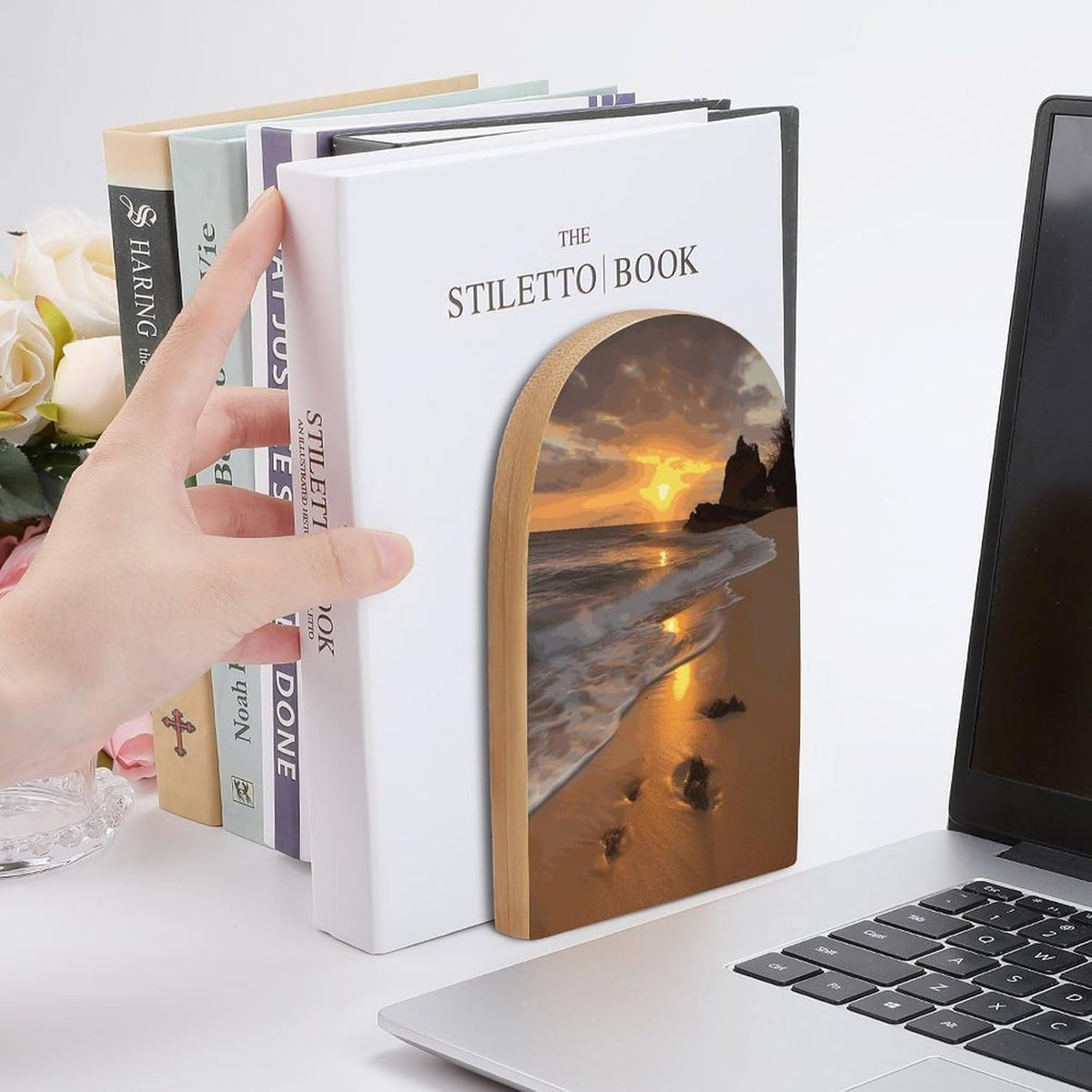 Sunrise Beach Wooden Bookend Non-Slip Book Ends Heavy Duty Book Stopper with Metal Base Books Holderd Decorative Bookends Stands Firmly for Office Supplies