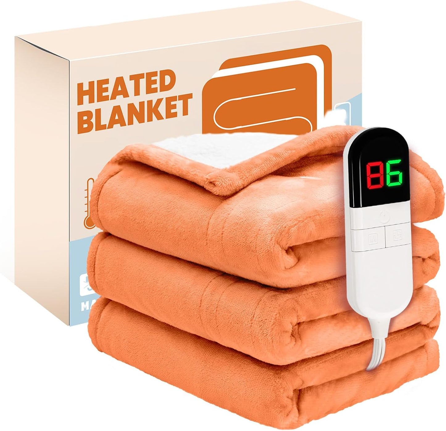 Electric Heated Blanket,Flannel & Sherpa Heated Twin Blanket 62"x84",Fast Heating Soft Fleece Blanket with 8 Heating Levels & 8H Auto Off-Orange