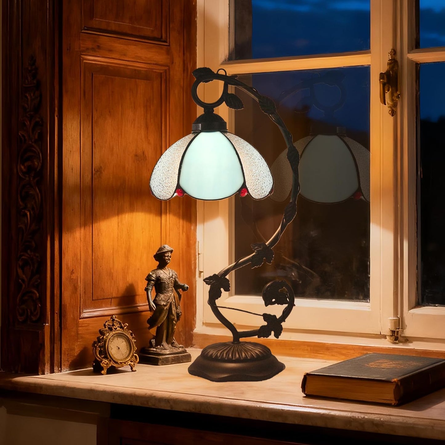 Tiffany Table Lamp, Blue and White Glass Shade with Metal Vine Base, 8x10x20 Inch