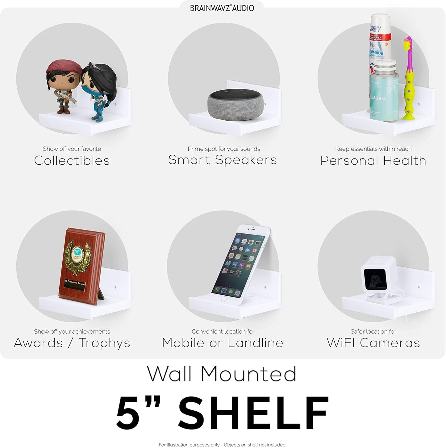5” Small Floating Shelf, Adhesive & Screw In, For Bluetooth Speakers, Cameras, Plants, Toys, Books & More, Easy to Install Shelves, By Brainwavz (SHELF SF2105, White)
