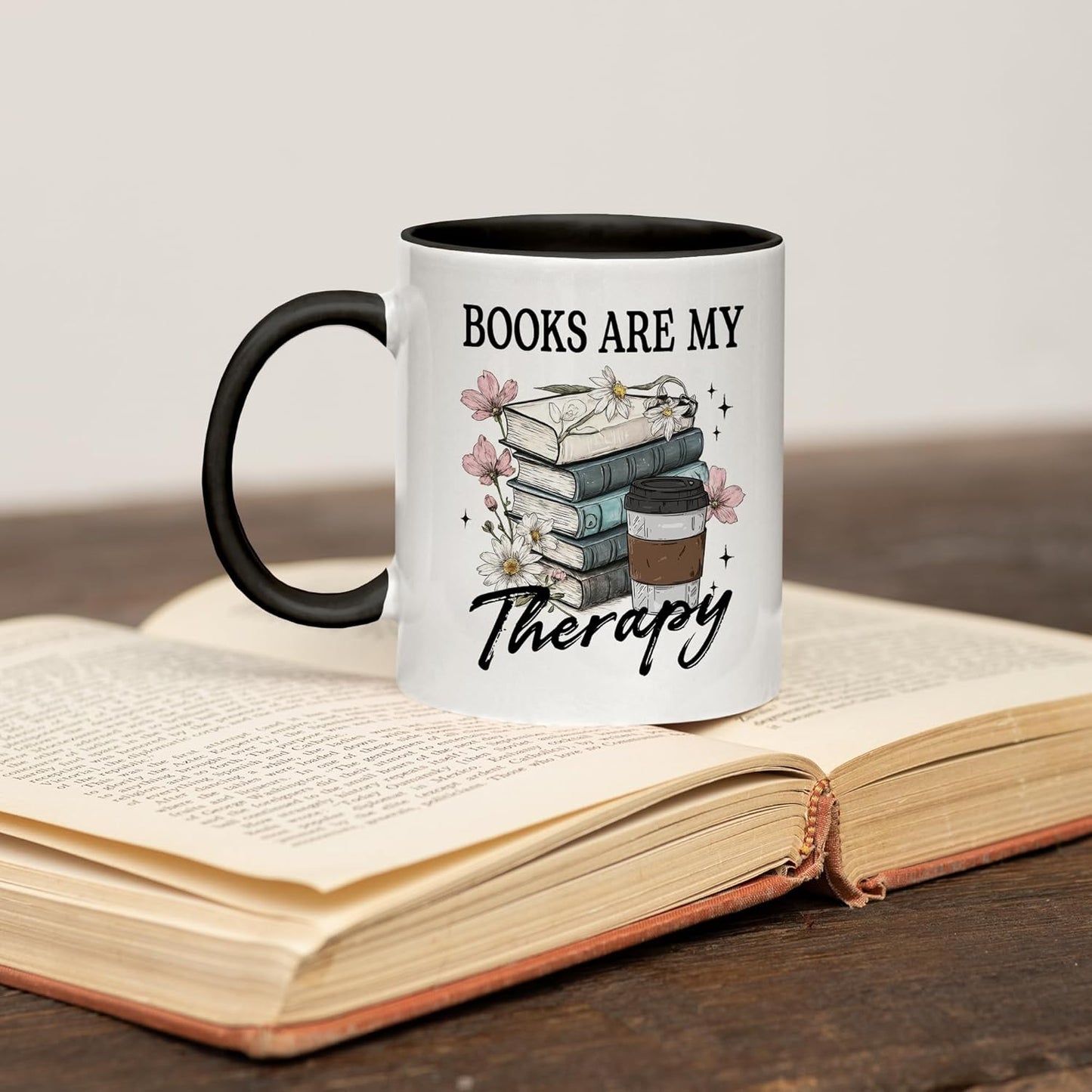 Book Lover Gifts - Books Are My Therapy Mugs with Black Handle, Bookish Coffee Mug with Stacked Book Design, Birthday, Christmas Gifts for Books Lovers Women, Bookworm Mugs for Readers