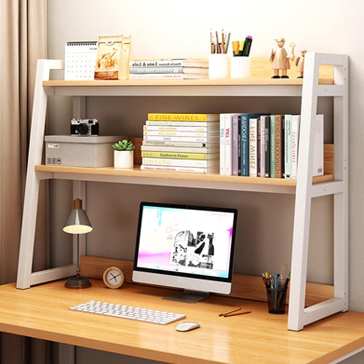Metal Frame 2-Tier Countertop Hutch Bookcase Organizer – Desktop Bookshelf for Home Office Storage & Display Rack (Size: 95cm) – Modern Industrial Design