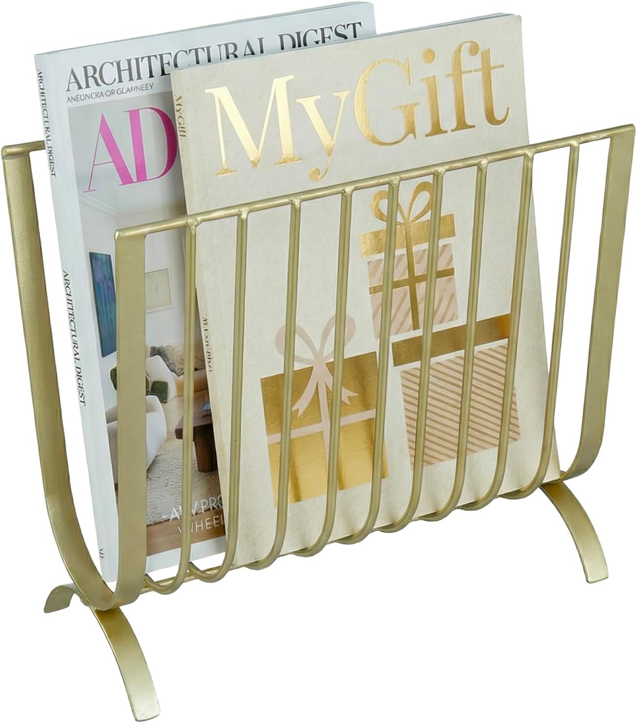 MyGift Brass Metal Mid-Century Wire Magazine Rack – Deluxe Tabletop or Floor Standing Sling Basket for Magazines and Newspapers