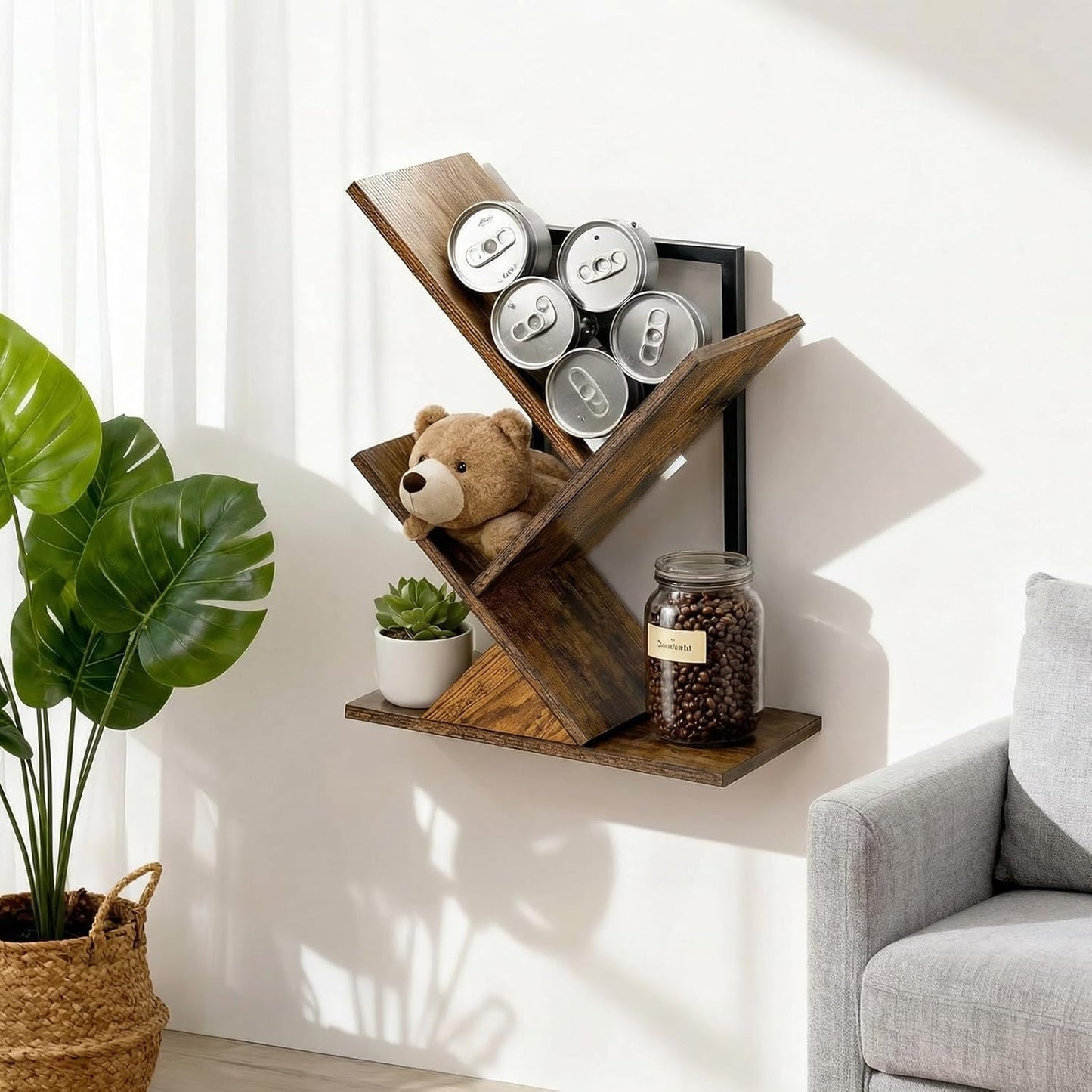 3-Tier Tree Book Shelves for Wall, Small Wall Mounted Shelves, Unique Hanging Bookshelf Storage Rack, Floating Bookshelves Organizer for Living Room, Office, Rustic Brown & Black