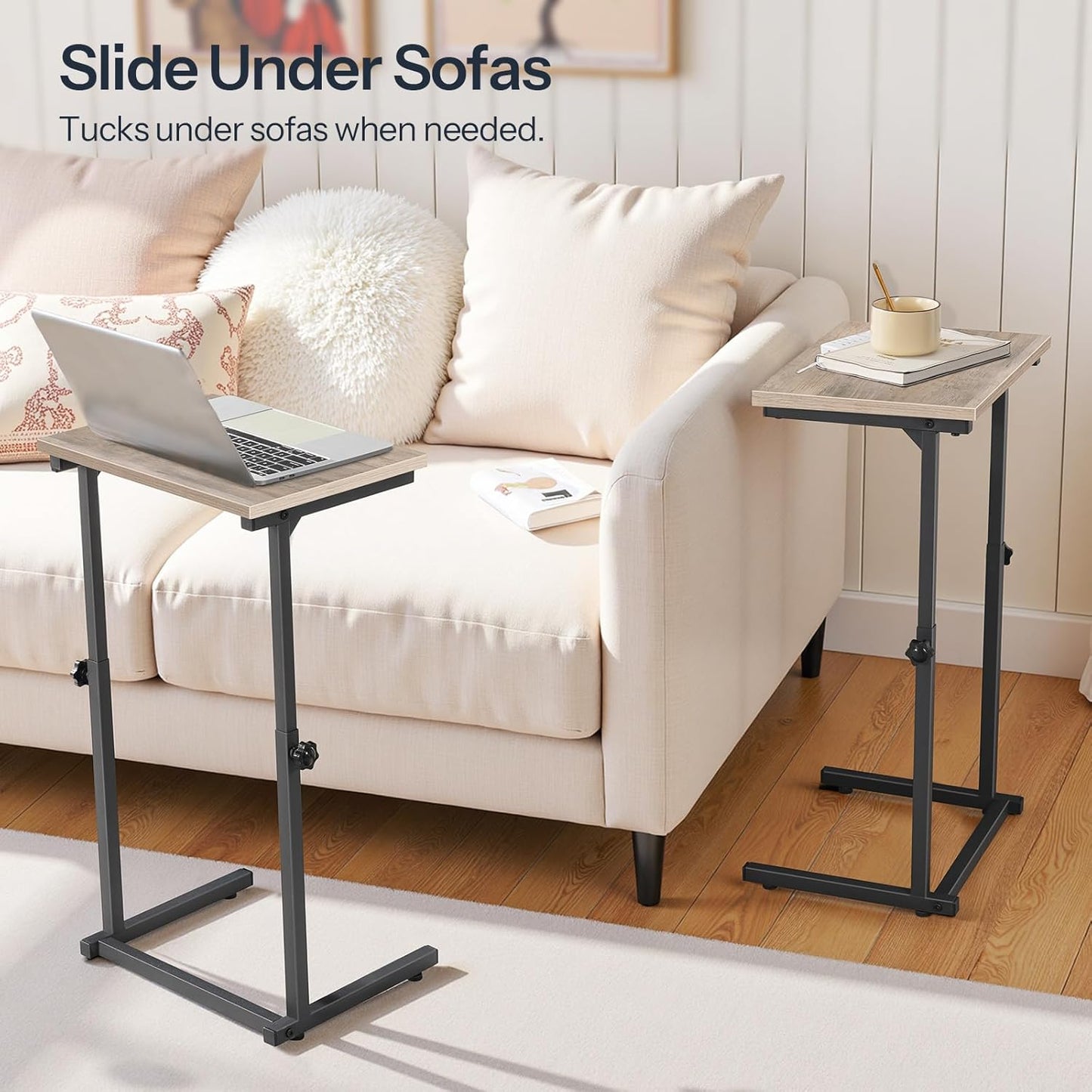 HOOBRO C Shaped End Table for Couch, Adjustable Height Side Table, Sofa Table for Small Spaces, Couch Table that Slide Under, for Living Room, Bedroom, Greige and Black BG71SF01
