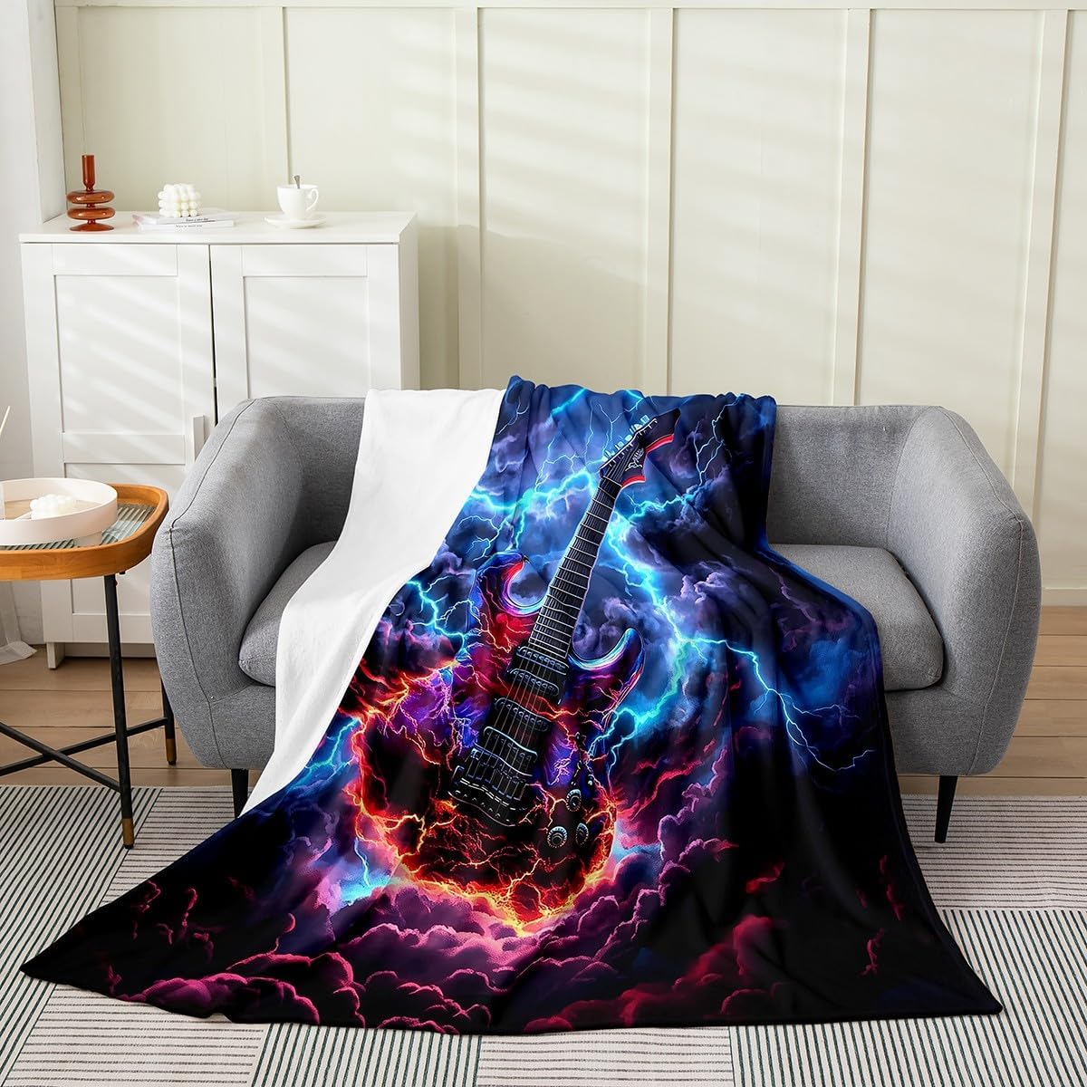 Electric Guitar Fleece Throw Blanket Soft Cozy Lightning Flame Flannel Blanket for Kids Women Adults Rock Music Plush Blanket Dark Clouds Fuzzy Blanket for Sofa Bed Couch(60x80 Inches)