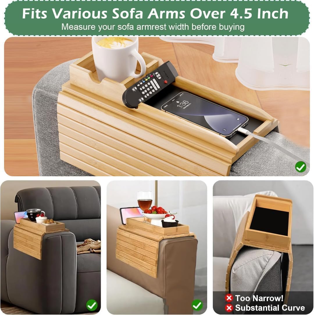 Bamboo Sofa Armrest Tray -with Detachable Cup Holder, Fits Arms up to 6 Inches Wide - Foldable Non-Slip Bamboo Sofa Arm Tray Table for Remote, Cell-Phone & Drinks, Snacks – Space-Saving, 17.7"x12.8"