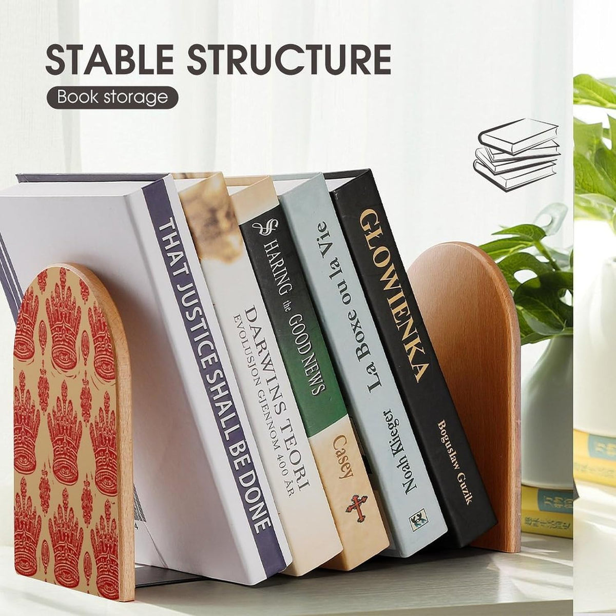 Red Crown Wooden Bookend Non-Slip Book Ends Heavy Duty Book Stopper with Metal Base Books Holderd Decorative Bookends Stands Firmly for Office Supplies