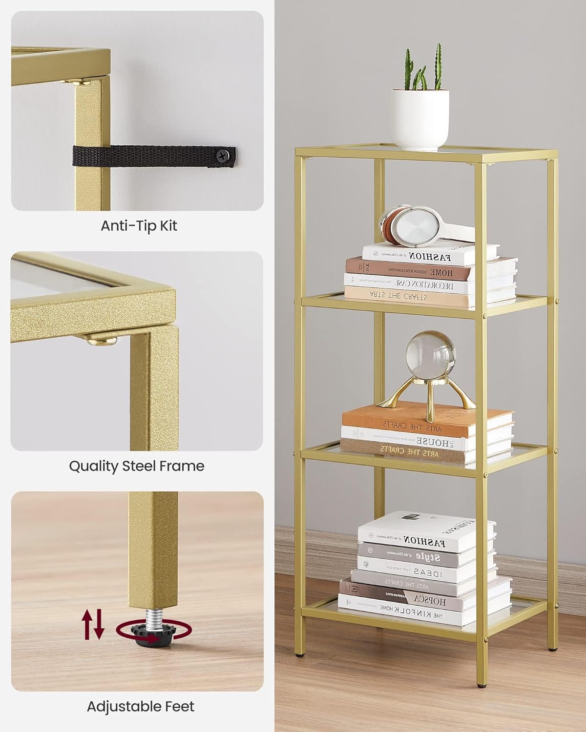 VASAGLE Bookcase, 4-Tier Bookshelf, Slim Shelving Unit for Bedroom, Bathroom, Home Office, Tempered Glass, Steel Frame, Metallic Gold ULGT28G