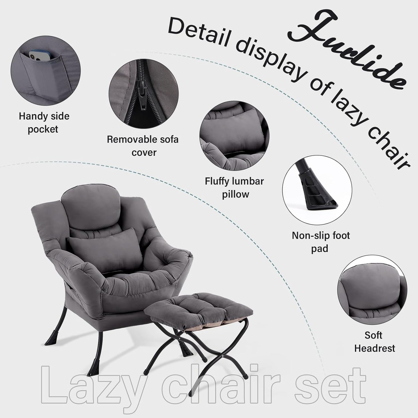 Lazy Chair with Ottoman, Comfy Fabric Accent Lounge Arm Chair with Lumbar Pillow and Folding Footrest, Reading Leisure Sofa Armchair for Bedroom, Living Room, Dorm,Dark Grey