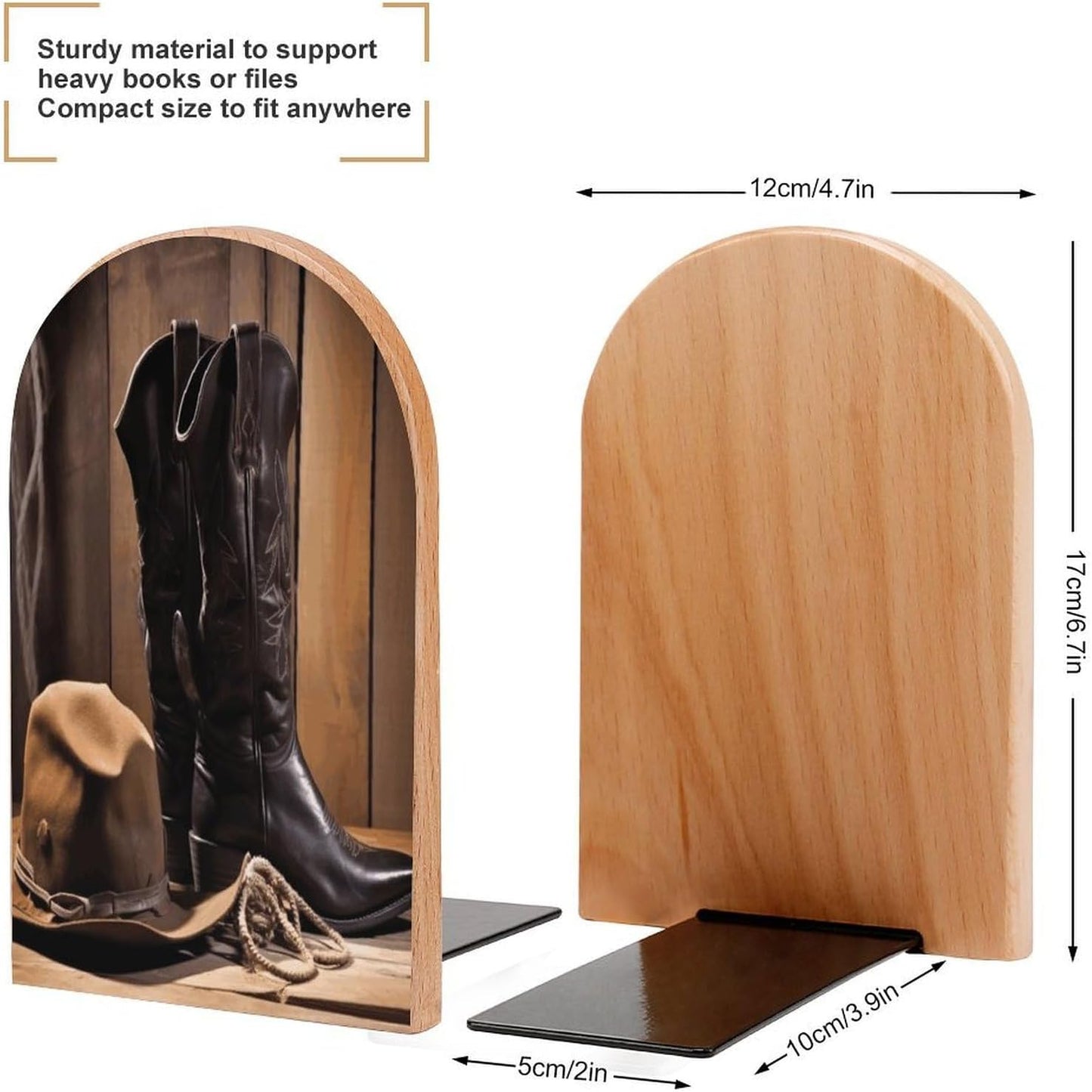 Cowboy Black Hat Western Boots Bookend for Shelves Wooden Book End Large Size Sturdy Book Holders Stoppers with Metal Base for Bookshelves Slick Decorative Bookends Stands